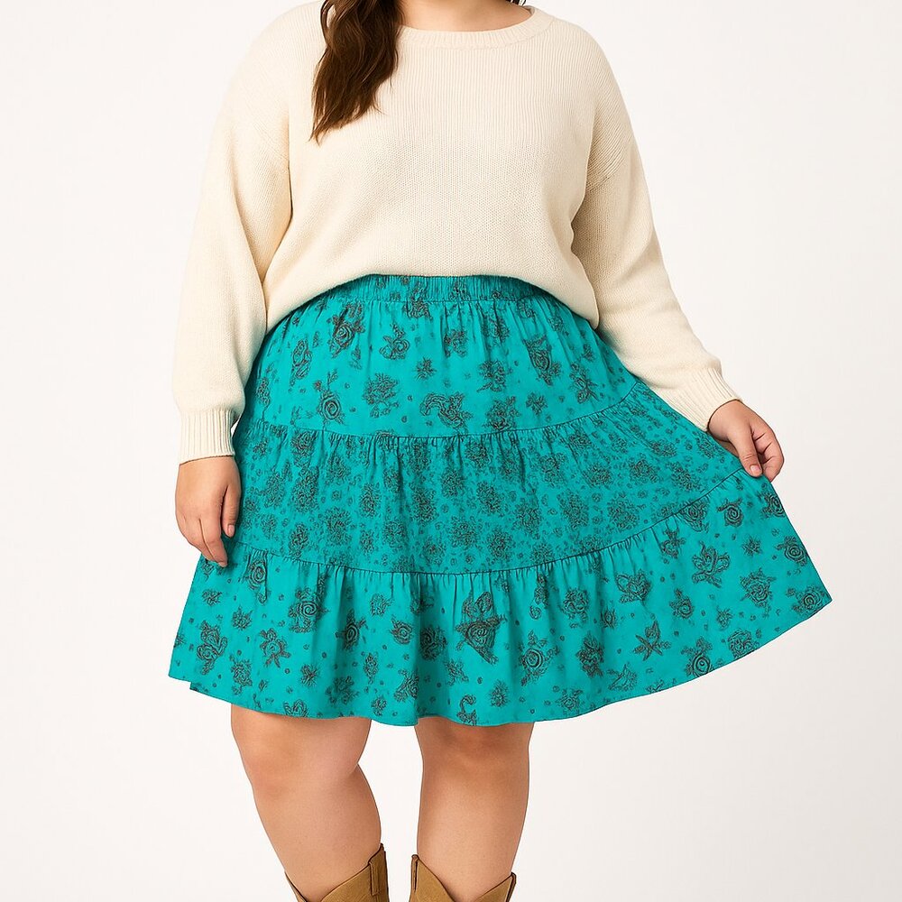 Vtg Venezia Skirt Tiered Turquoise Paisley XL Pull On‎ Western Boho Country